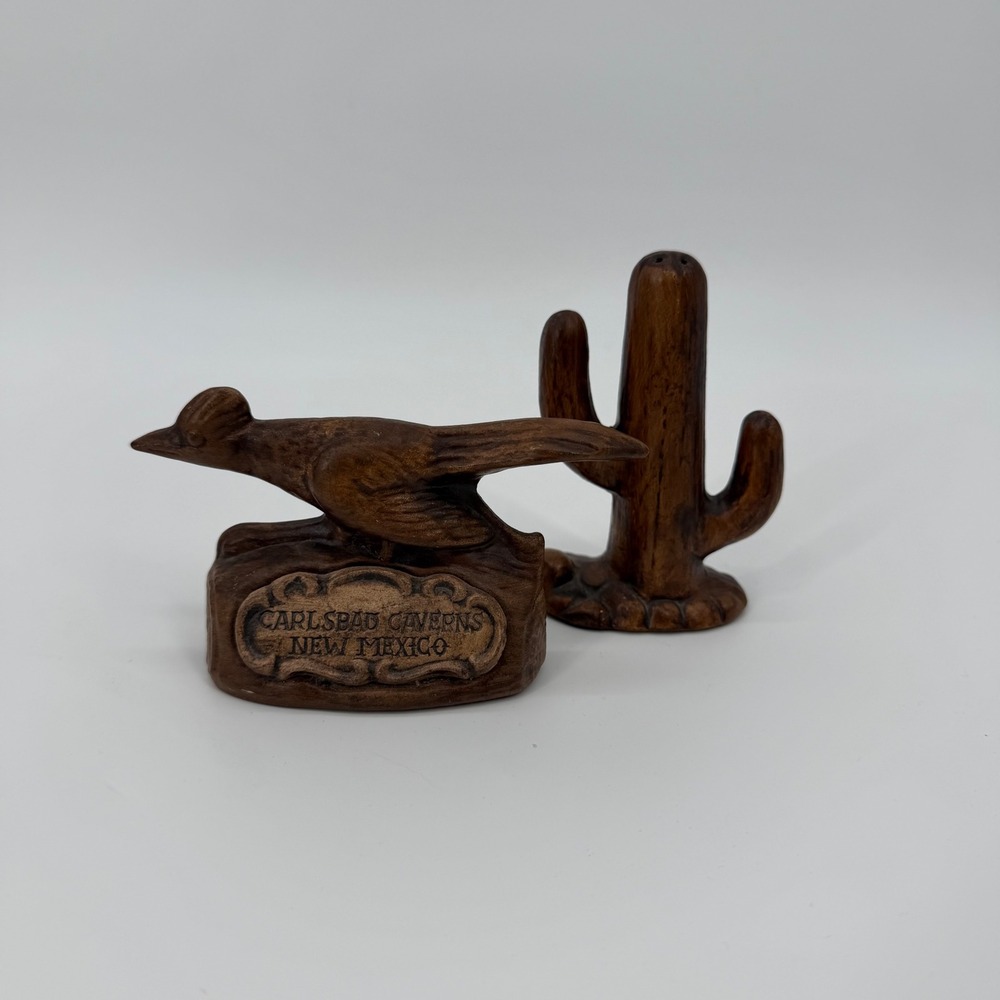 Vintage Carlsbad Caverns NM Roadrunner Cactus Salt Pepper Shakers USA Brown